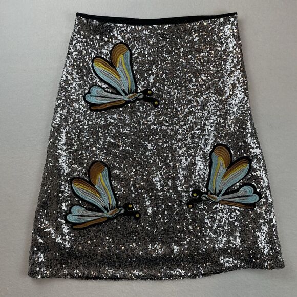 Dragon Fly Applique Silver Sequin Metallic Shimmer Midi Skirt Whimsical Y2K-M - Picture 2 of 11